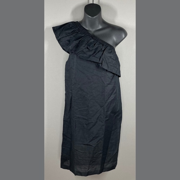 NEW J Crew Dress Womens Small black linen one shoulder shift ruffle preppy - Picture 1 of 10